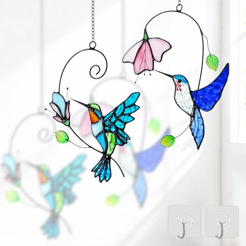 Royxen 2 Packs Hummingbird Stained Glass Window,Stained Glass Window Hanging,Hummingbird Ornament,Handmade Real Suncatchers Decor for Women Mom Grandma Bird Lovers - Image 1