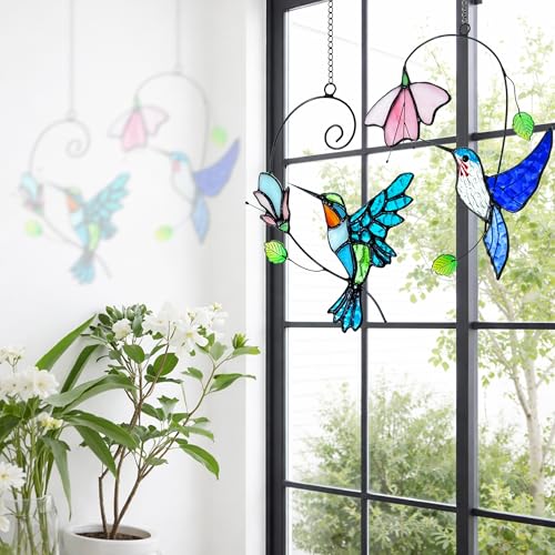 Royxen 2 Packs Hummingbird Stained Glass Window,Stained Glass Window Hanging,Hummingbird Ornament,Handmade Real Suncatchers Decor for Women Mom Grandma Bird Lovers - Image 2