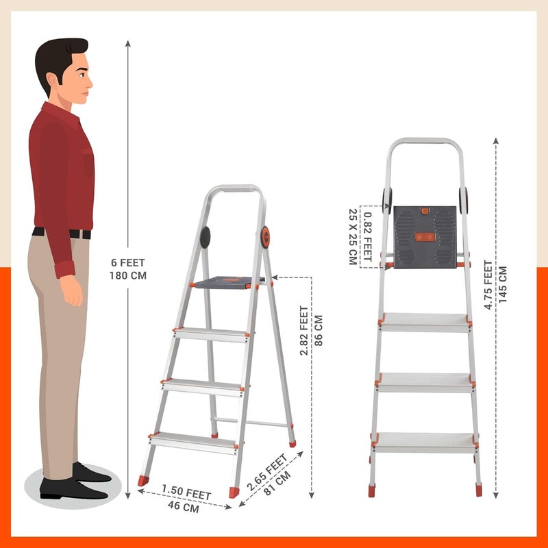 Bathla Bathla Advance Pro 4Step Foldable Aluminium Ladder for Home HeavyDuty AntiSlip Steps with SureHinge Technology 7Year Manufacturer Warranty Orange  - Image 4