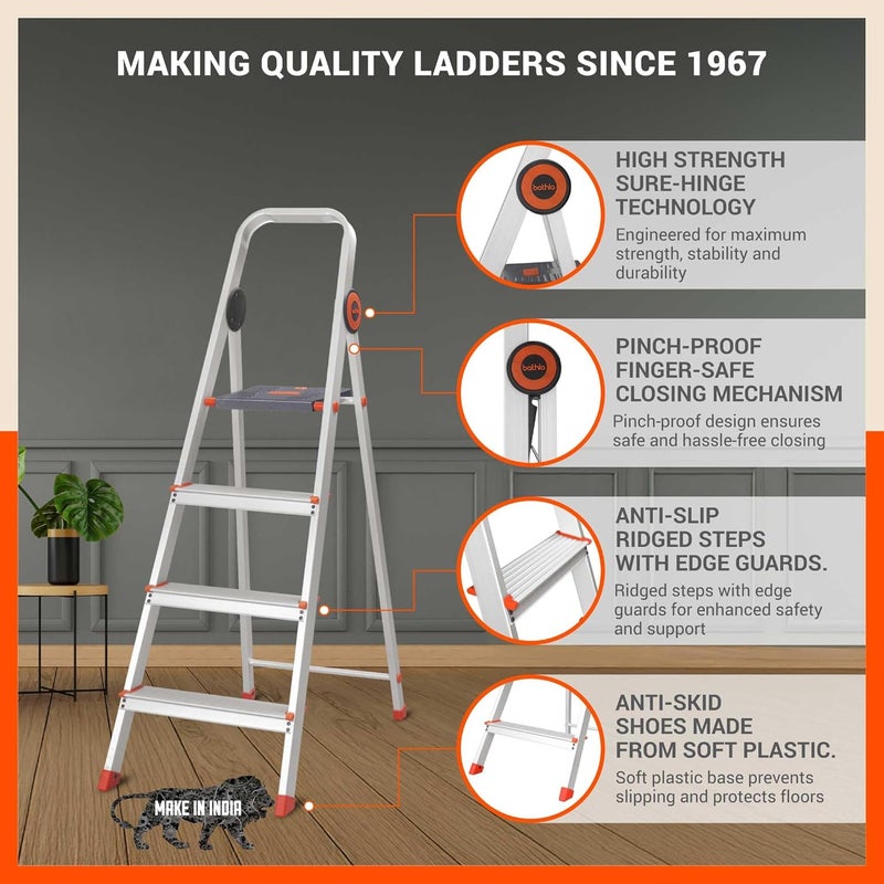 Bathla Bathla Advance Pro 4Step Foldable Aluminium Ladder for Home HeavyDuty AntiSlip Steps with SureHinge Technology 7Year Manufacturer Warranty Orange  - Image 2