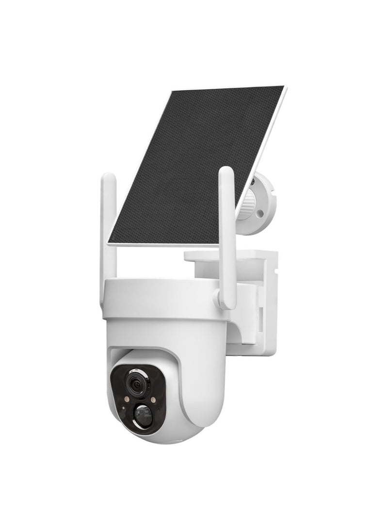 جهاز ذكي خارجي لاسلكي بدقة 2K مع تخزين داخلي 64 جيجابايت – يعمل بالطاقة الشمسية، تغطية 360 درجة، رؤية ليلية ملونة، تنبيهات حركة، صوت ثنائي الاتجاه، إنذار مدمج وضوء كشاف