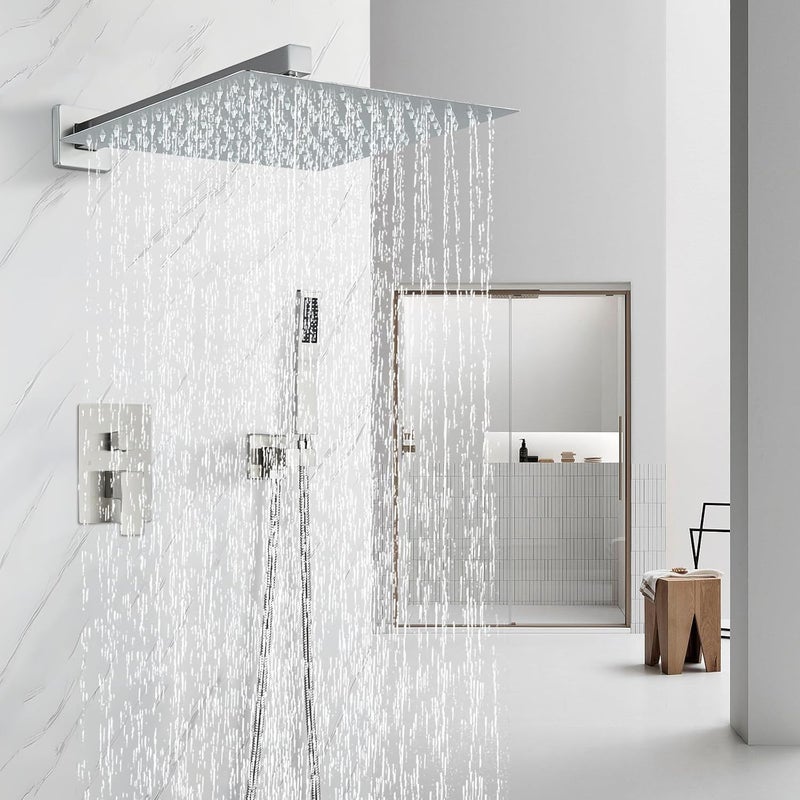 Ackwave Shower Faucet Set Brushed Nickel Shower System with 12 Inches Rain Shower Head and Handheld Sprayer Wall Mounted Shower Fixture Set with Brass Shower Valve - Image 2