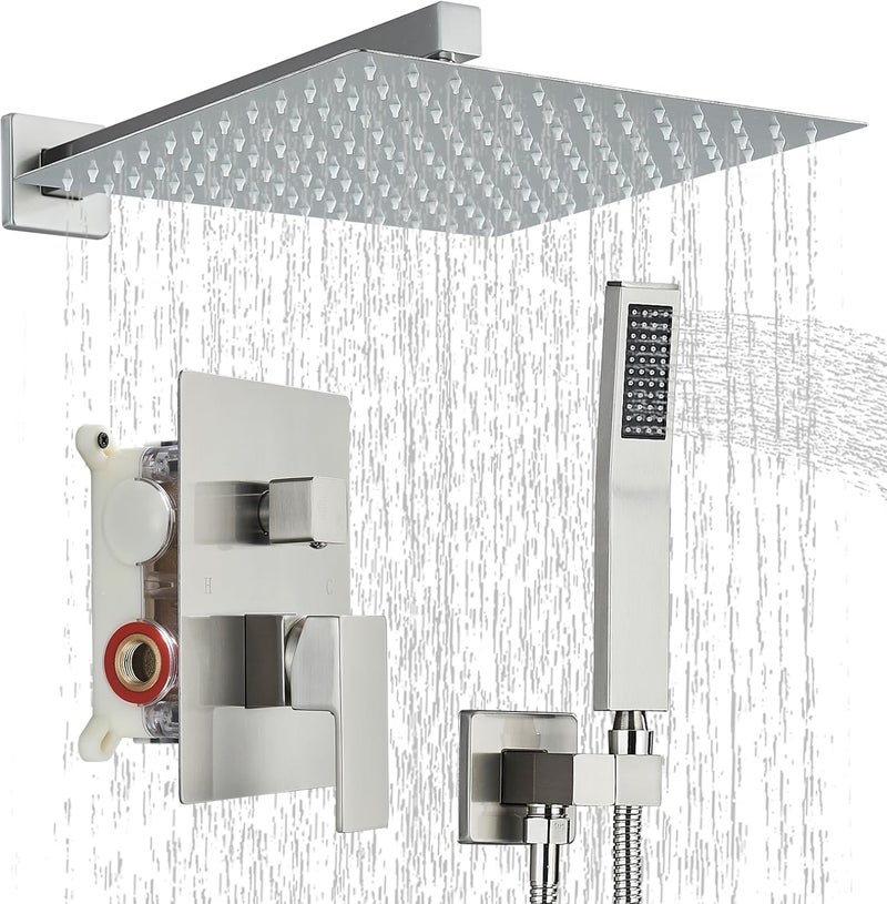 Ackwave Shower Faucet Set Brushed Nickel Shower System with 12 Inches Rain Shower Head and Handheld Sprayer Wall Mounted Shower Fixture Set with Brass Shower Valve - Image 1