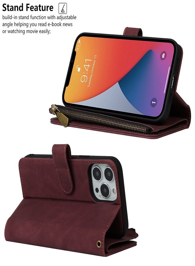 iCoverCase Compatible with iPhone 13 Pro Wallet Phone Case with Card Holder, PU Leather Zipper Pocket Magnetic Detachable Flip Case with Wrist Strap (Claret) - Image 5