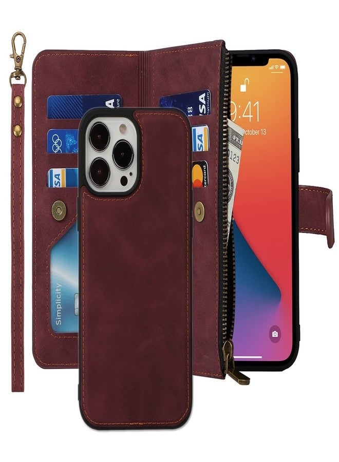 iCoverCase Compatible with iPhone 13 Pro Wallet Phone Case with Card Holder, PU Leather Zipper Pocket Magnetic Detachable Flip Case with Wrist Strap (Claret) - Image 1