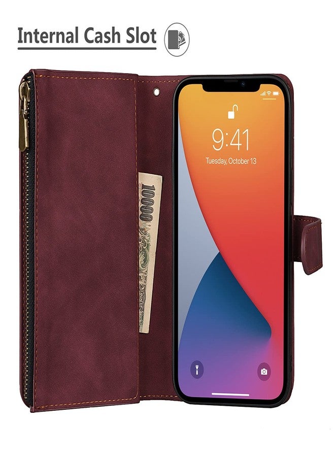 iCoverCase Compatible with iPhone 13 Pro Wallet Phone Case with Card Holder, PU Leather Zipper Pocket Magnetic Detachable Flip Case with Wrist Strap (Claret) - Image 4