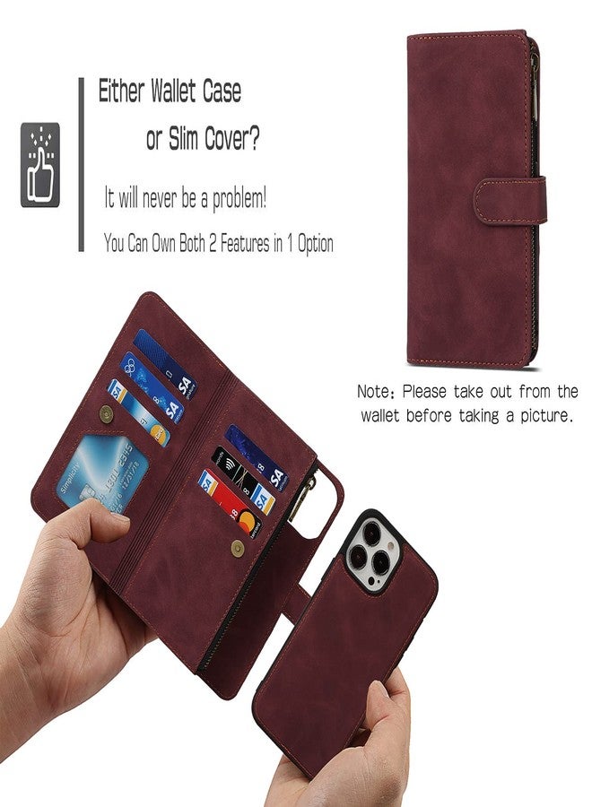 iCoverCase Compatible with iPhone 13 Pro Wallet Phone Case with Card Holder, PU Leather Zipper Pocket Magnetic Detachable Flip Case with Wrist Strap (Claret) - Image 2