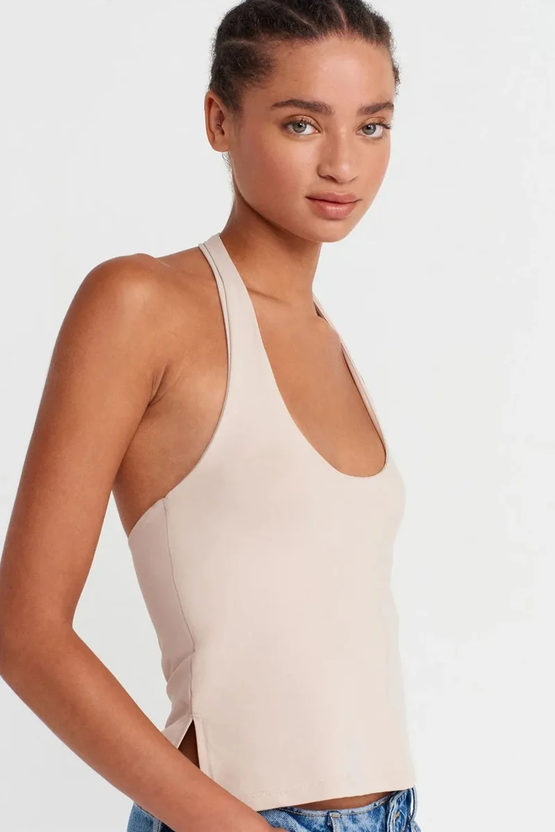 Dilvin Beige Natural DILVIN Women's Slim Fit Halter Neck Cut-Out Top for Women | Best Price UAE