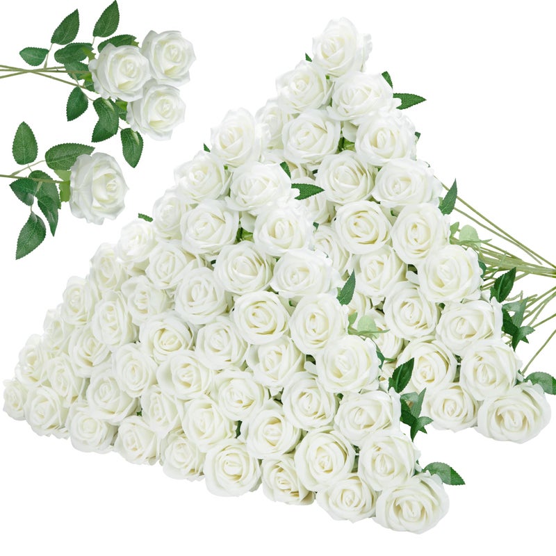 إنو جير مجموعة InnoGear من 100 وردة بيضاء اصطناعية، ورود مخملية حريرية صناعية بالجملة لتزيين حفلات الزفاف، قطع مركزية، باقات زفاف، حفلات ما قبل الزفاف، ديكورات منزلية زهرية (100، أبيض) - Image 1