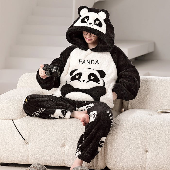 Coral Fleece Pajamas Men's Winter Hooded Fleece Plus Cartoon Cute Dinosaur Plus Size Teenager Home Suit - Image 1