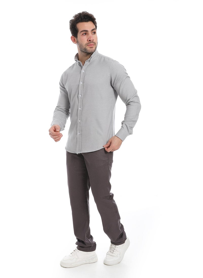 Andora Classic Heather Cotton Long Sleeve Shirt_Light Grey - Image 5