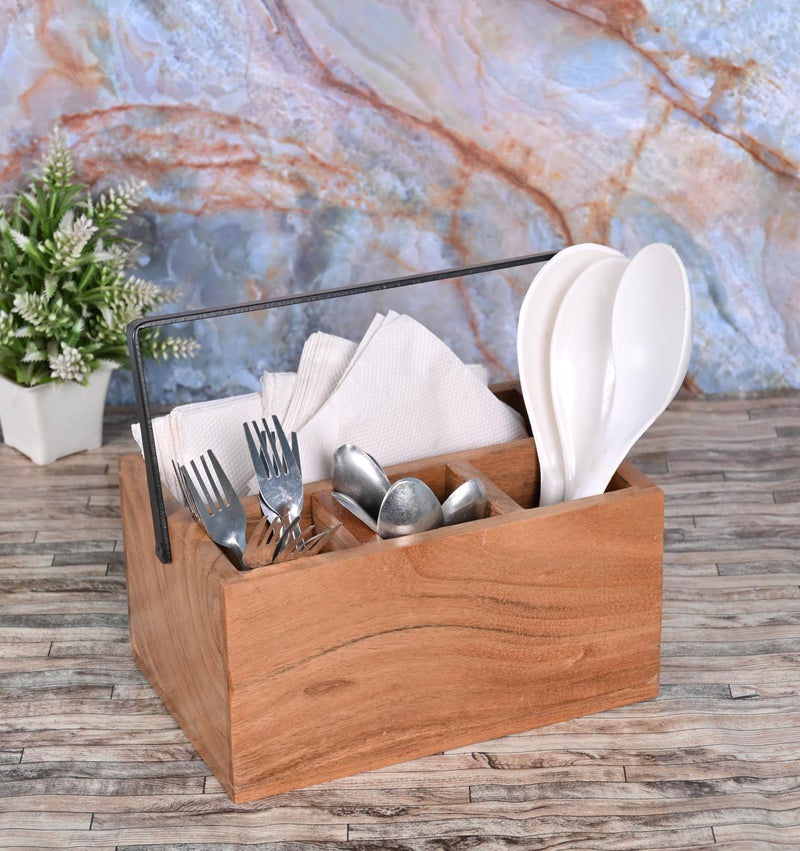 Nirman Acacia Silverware Flatware Organizers With Handle For Farmhouse Kitchen Decor  Countertop Organizer And Cookware Storage (9"" X 6"" X 4.5"") - Image 5