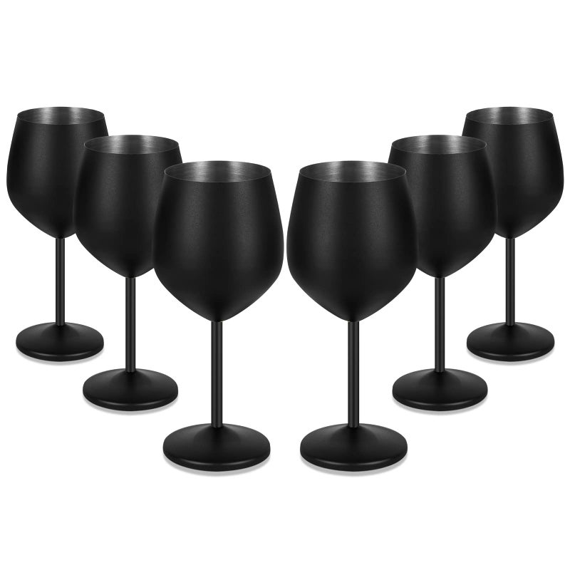 Lifecapido Stainless Steel Wine Glasses Set of 6 18oz Stainless Steel Metal Wine Glasses Black Wine Glasses with Cup Brush for Party Office Wedding Anniversary Great for Red White Wine Black