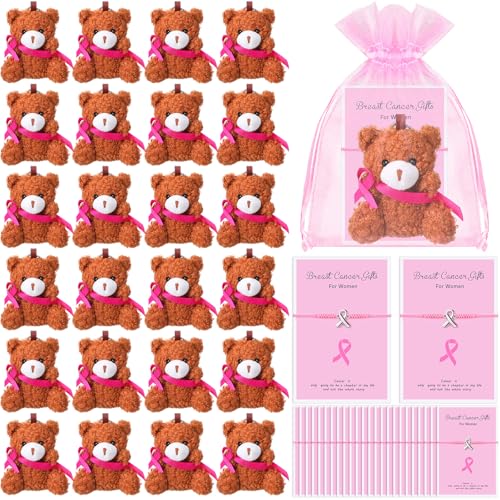 Landical 24 Sets Breast Cancer Awareness Accessories Set Breast Cancer Stuffed Bears with Pink Ribbon Adjustable Bracelets with Organza Bags Cancer Gifts for Charity Party Favors - Image 1