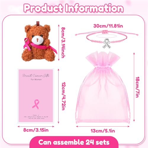 Landical 24 Sets Breast Cancer Awareness Accessories Set Breast Cancer Stuffed Bears with Pink Ribbon Adjustable Bracelets with Organza Bags Cancer Gifts for Charity Party Favors - Image 3