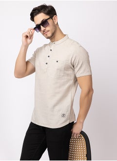OCTAVE Octave Men's Linen-Cotton Knited T-Shirt,Beige  - Image 4