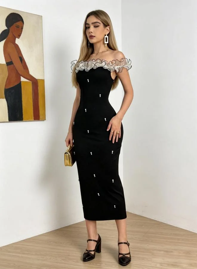 Take Two Black Faux Pearl Embellished Off Shoulder Midi Dress