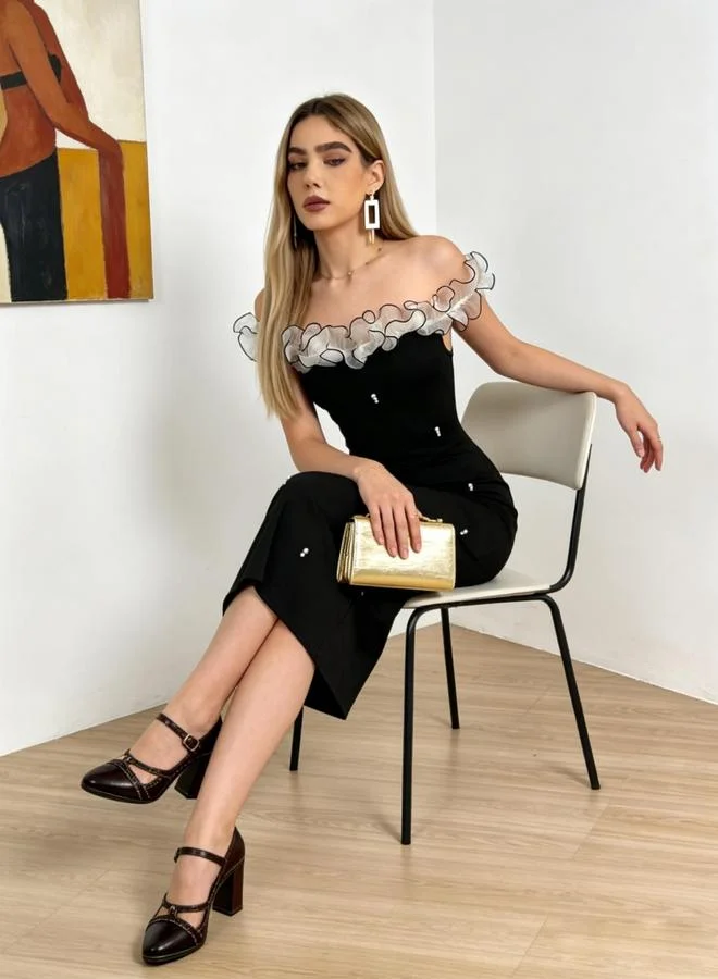 Take Two Black Faux Pearl Embellished Off Shoulder Midi Dress