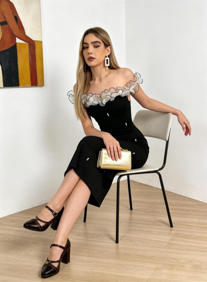Take Two Black Faux Pearl Embellished Off Shoulder Midi Dress - Image 2