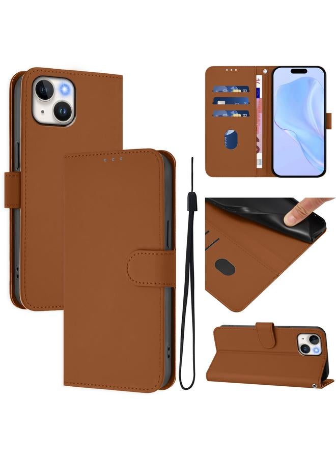 Zaboon Case For iPhone 12 mini Skin Feel Solid Color Leather Phone Case with Lanyard - Image 1
