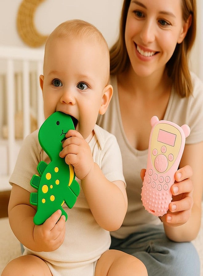 DTR Creation Silicone Baby Teether Pack of 2 – Soft BPA-Free Food Grade Teething Toys for Babies 0–3 Years | Cute Pink Remote & Green Dinosaur Design | Safe, Durable, Washable & Easy to Hold - Image 3