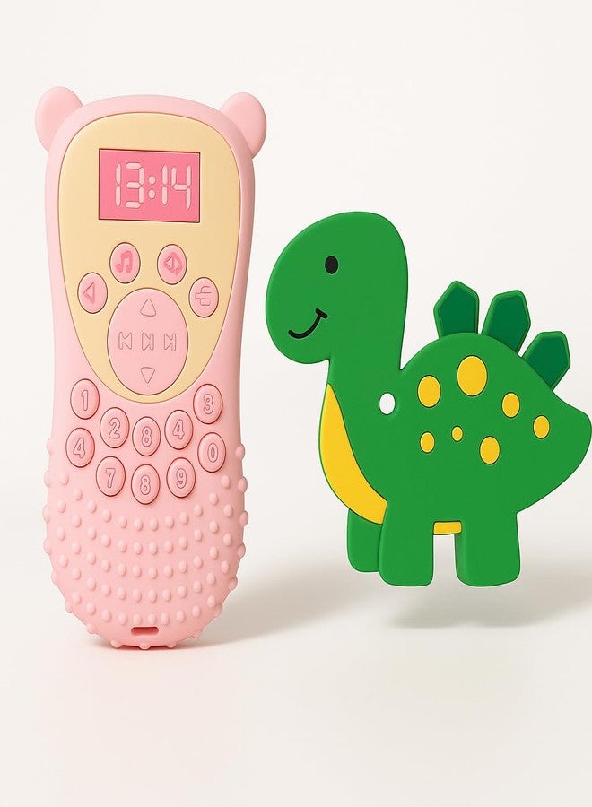 DTR Creation Silicone Baby Teether Pack of 2 – Soft BPA-Free Food Grade Teething Toys for Babies 0–3 Years | Cute Pink Remote & Green Dinosaur Design | Safe, Durable, Washable & Easy to Hold - Image 1