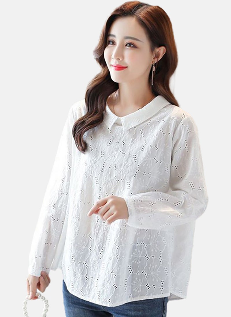 يونيكي Women Embroidered Peter Pan Collar Cotton Top - Image 1