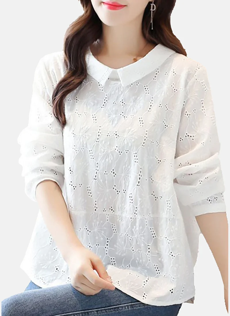 يونيكي Women Embroidered Peter Pan Collar Cotton Top