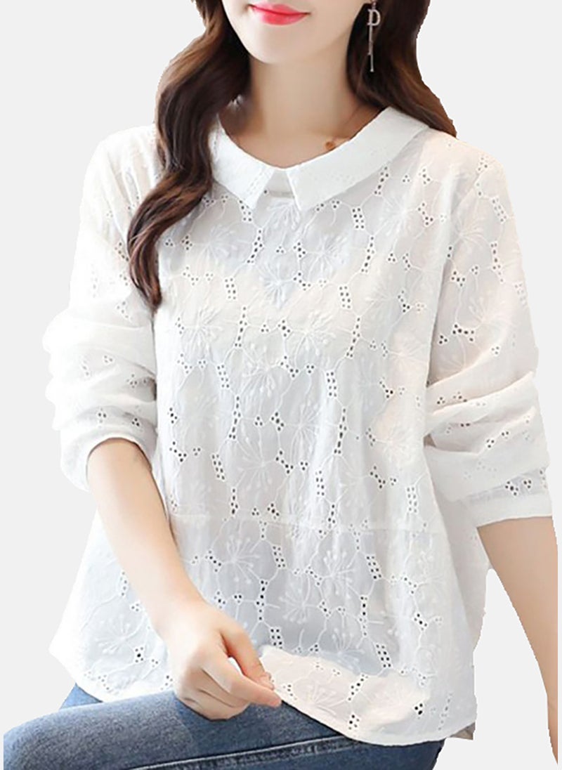 يونيكي Women Embroidered Peter Pan Collar Cotton Top - Image 2