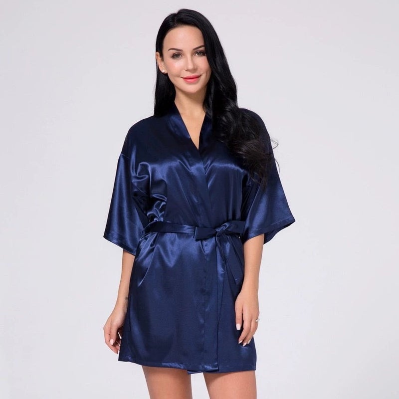 Noon Cross-Border Women's Satin Nightgown Bathrobe Solid Color Glossy Summer Thin Sexy Short Cardigan - Image 2