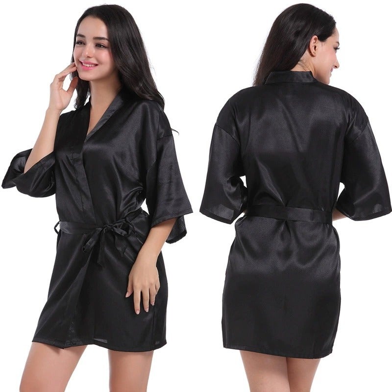 Noon Cross-Border Women's Satin Nightgown Bathrobe Solid Color Glossy Summer Thin Sexy Short Cardigan - Image 1