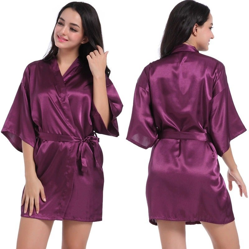 Noon Cross-Border Women's Satin Nightgown Bathrobe Solid Color Glossy Summer Thin Sexy Short Cardigan - Image 4