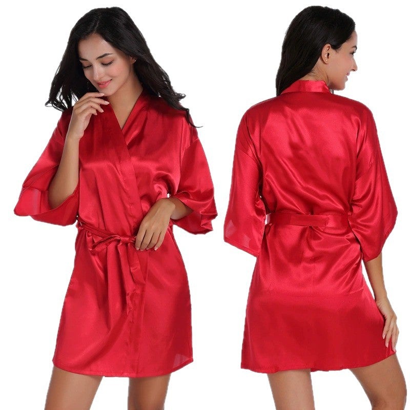 Noon Cross-Border Women's Satin Nightgown Bathrobe Solid Color Glossy Summer Thin Sexy Short Cardigan - Image 5