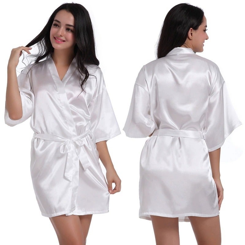 Noon Cross-Border Women's Satin Nightgown Bathrobe Solid Color Glossy Summer Thin Sexy Short Cardigan - Image 3