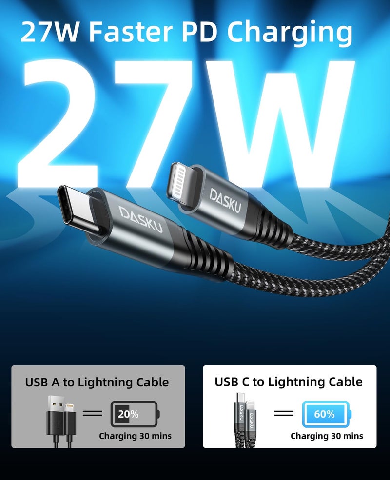Dasku USB C to Lightning Cable 6FT 2Pack [Apple MFi Certified] iPhone Charger Fast Charging Cord Nylon Braided Cable for iPhone 14/13/12/11/Pro/MAX/X/8/7, iPad - Black - Image 2