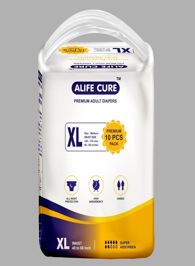 ALIFE CURE Unisex Overnight Premium Adult Diapers Tape Style 10 Pcs Non-woven Fabric High Absorbent Comfortable Underwear with odour lock and Anti-Bacterial (Size - XL)