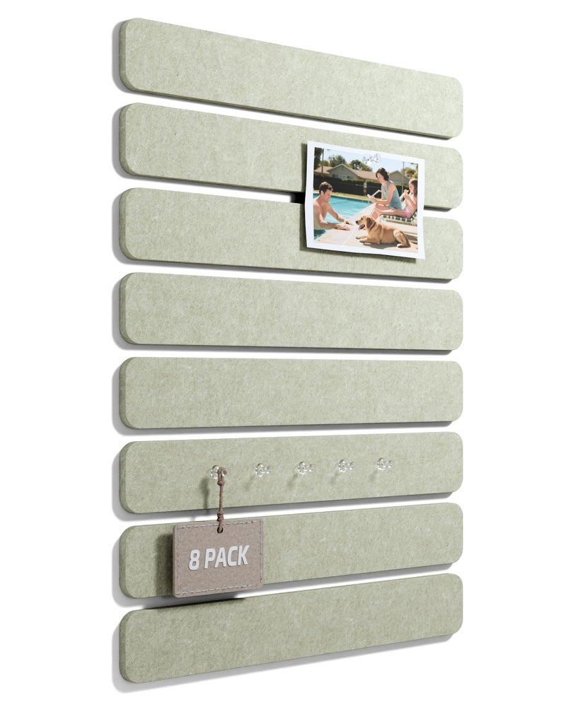 Fluxynara Cork Board Alternative Felt Strip Board 8-Pack 13"x2", Office Pin Board with 50 Push Pins, Adhesive Install for Bedroom Door & Home Office(Sage) - Image 1