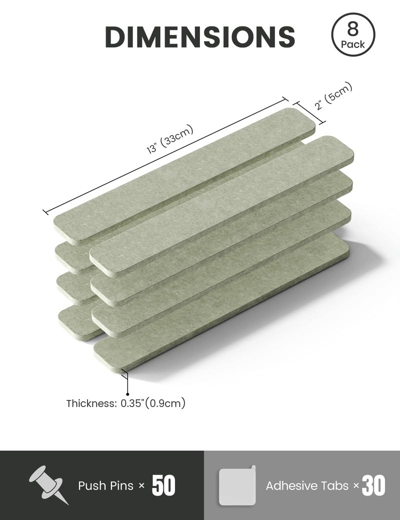 Fluxynara Cork Board Alternative Felt Strip Board 8-Pack 13"x2", Office Pin Board with 50 Push Pins, Adhesive Install for Bedroom Door & Home Office(Sage) - Image 2