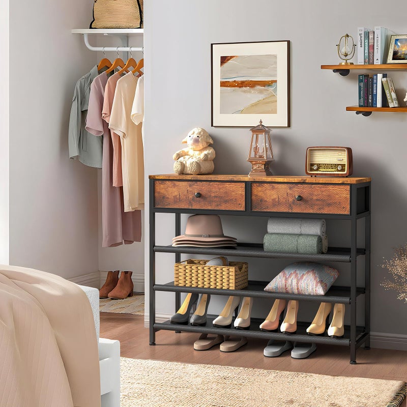 usikey Shoe Rack, 4 Tier Shoe Storage Organizer with 2 Drawers, Metal Shoe Shelf for 12-15 Pairs of Shoes, with 3 Oxford Fabric Shelves and Wooden Top, Shoe Stand for Entryway, Rustic Brown UNYXJX008F - Image 3