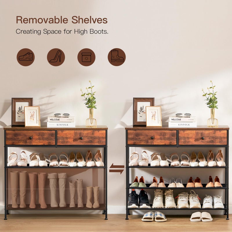 usikey Shoe Rack, 4 Tier Shoe Storage Organizer with 2 Drawers, Metal Shoe Shelf for 12-15 Pairs of Shoes, with 3 Oxford Fabric Shelves and Wooden Top, Shoe Stand for Entryway, Rustic Brown UNYXJX008F - Image 4