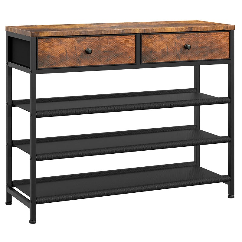 usikey Shoe Rack, 4 Tier Shoe Storage Organizer with 2 Drawers, Metal Shoe Shelf for 12-15 Pairs of Shoes, with 3 Oxford Fabric Shelves and Wooden Top, Shoe Stand for Entryway, Rustic Brown UNYXJX008F - Image 1