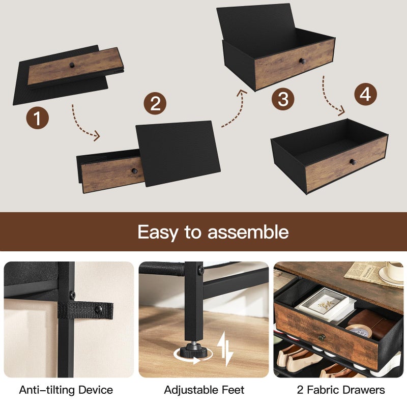 usikey Shoe Rack, 4 Tier Shoe Storage Organizer with 2 Drawers, Metal Shoe Shelf for 12-15 Pairs of Shoes, with 3 Oxford Fabric Shelves and Wooden Top, Shoe Stand for Entryway, Rustic Brown UNYXJX008F - Image 5