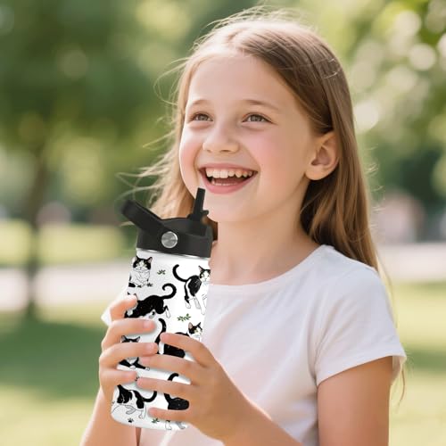 xiiai Cat Gifts for Kids 16oz Black Cat Water Bottle with Straw Lid Stainless Steel Insulated Bottle Leak Proof BPAFree for Boys Girls School Black and White Cat Gifts Cats Lovers Gift Cup1pc - Image 3