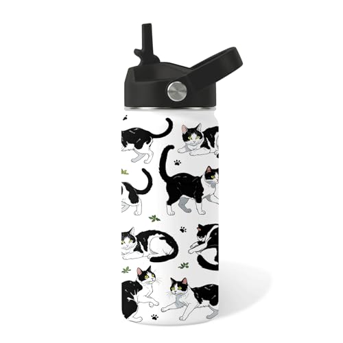 xiiai Cat Gifts for Kids 16oz Black Cat Water Bottle with Straw Lid Stainless Steel Insulated Bottle Leak Proof BPAFree for Boys Girls School Black and White Cat Gifts Cats Lovers Gift Cup1pc - Image 1