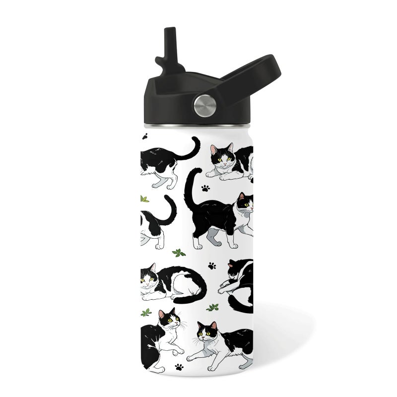 xiiai Cat Gifts for Kids 16oz Black Cat Water Bottle with Straw Lid Stainless Steel Insulated Bottle Leak Proof BPAFree for Boys Girls School Black and White Cat Gifts Cats Lovers Gift Cup1pc - Image 2