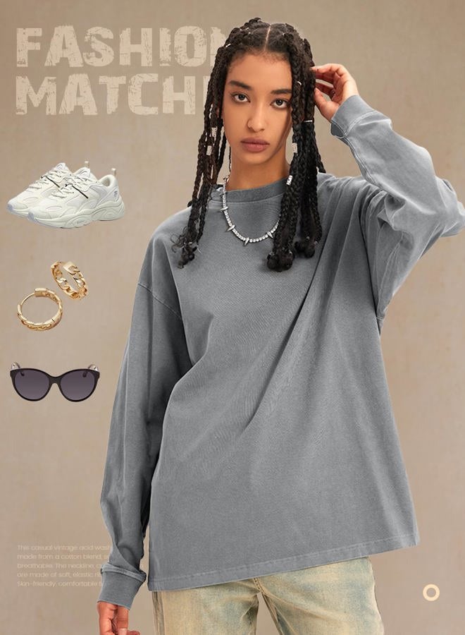 Yimoon Oversized Tshirts for Women and Men Long Sleeve Cotton Baggy Tees Vintage Acid Wash Unisex T-Shirts, Blackgreykhaki, M - Image 5