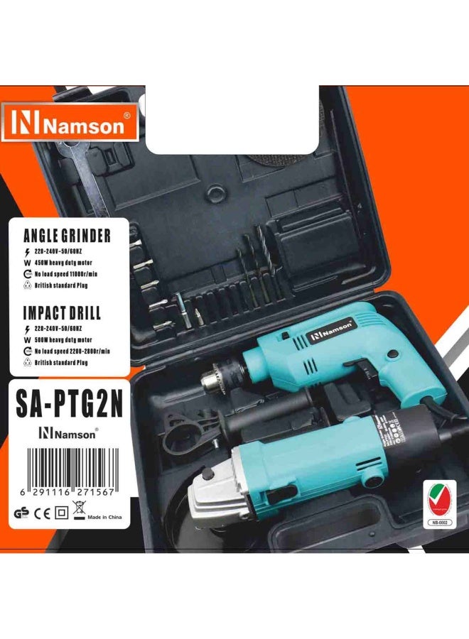 NAMSON 2  Pieces Powertools Set Impact Drill 450W+Angle Grinder 500W Sa-Ptg2N 220-240V 50-60 Hz - Image 2