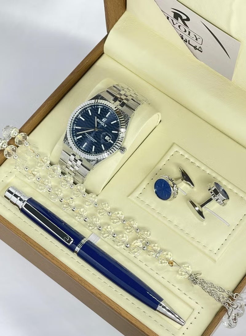 RR Men's stainless steel set consisting of a watch, a rosary, a pen and cufflinks