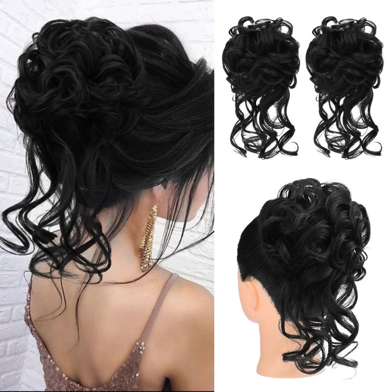 HOOJIH 2PCS Messy Bun Hair Piece Tousled Updo with Tendrils Hair Bun Extensions Wavy Curly Hair Wrap Ponytail Hairpieces Hair Scrunchies for Women HB010 Dasiy  Black