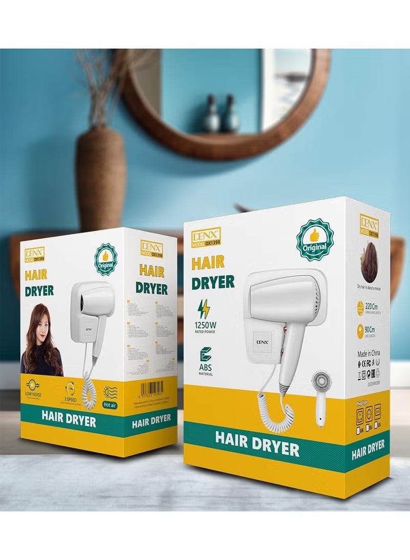 Denx Professional Wall-Mounted Hair Dryer: Compact, Lightweight, and Powerful 1250 W - No Drilling Required! Hot & Cold Settings, Automatic Shut-off, Moisture-Lock Technology, Quiet Operation - Image 2